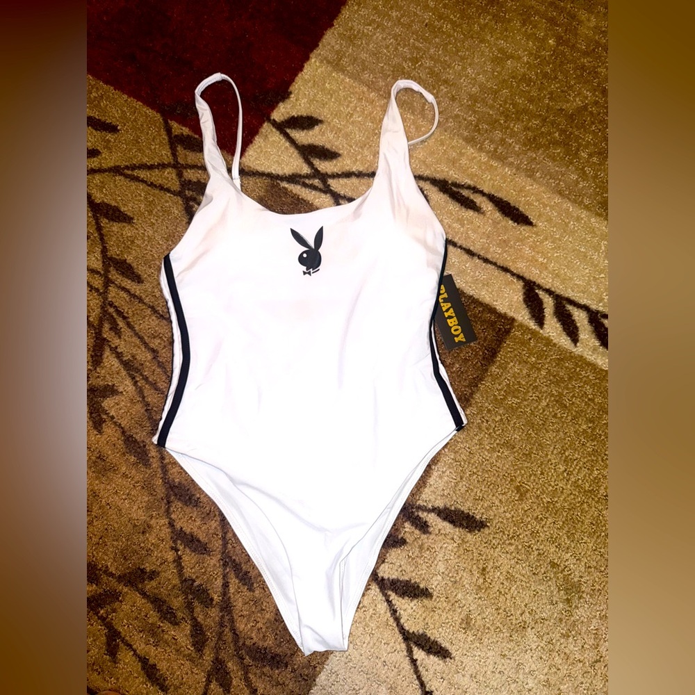 Playboy White One-Piece Swimsuit w/ Black Piping- NWT